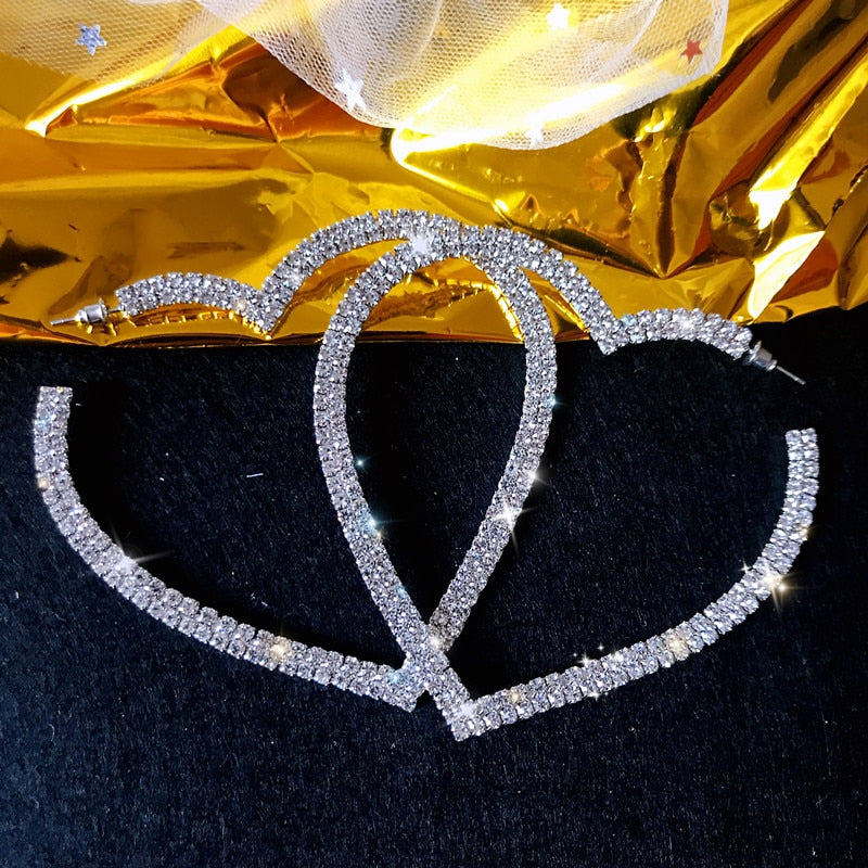 Heart Shaped Rhinestone Covered Hoop Earrings - 2 colors