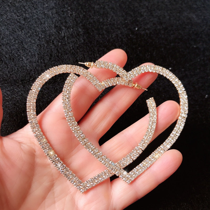 Heart Shaped Rhinestone Covered Hoop Earrings - 2 colors