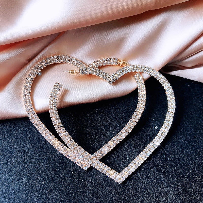 Heart Shaped Rhinestone Covered Hoop Earrings - 2 colors