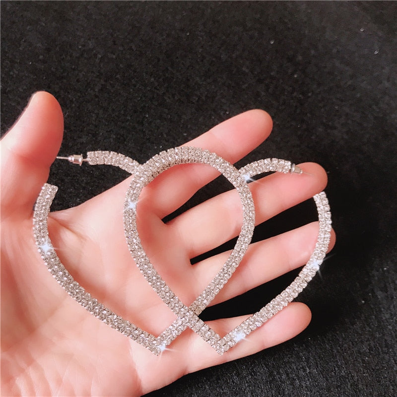 Heart Shaped Rhinestone Covered Hoop Earrings - 2 colors