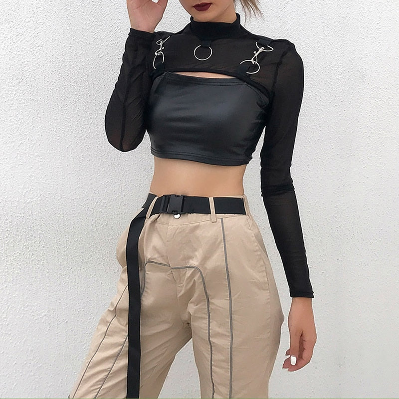 Micro Short Metal Chain Mesh Long Sleeve Turtleneck