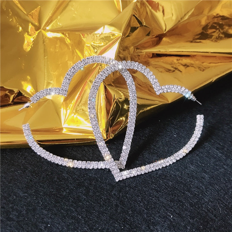 Heart Shaped Rhinestone Covered Hoop Earrings - 2 colors