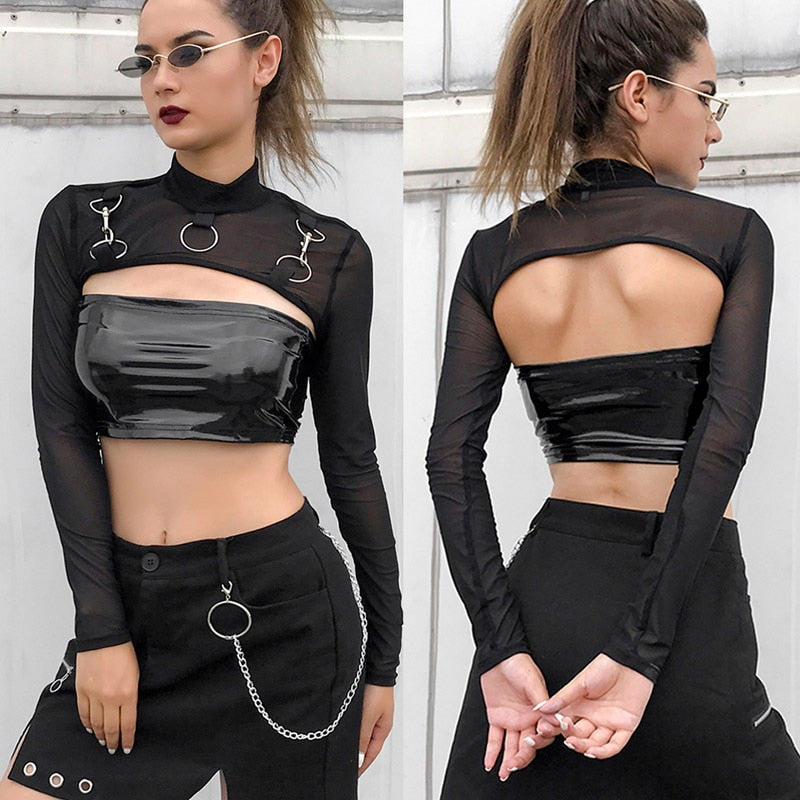 Micro Short Metal Chain Mesh Long Sleeve Turtleneck